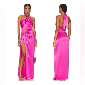 Ronny Kobo Collection Hot Pink Satin Halter Backless Evening Gown